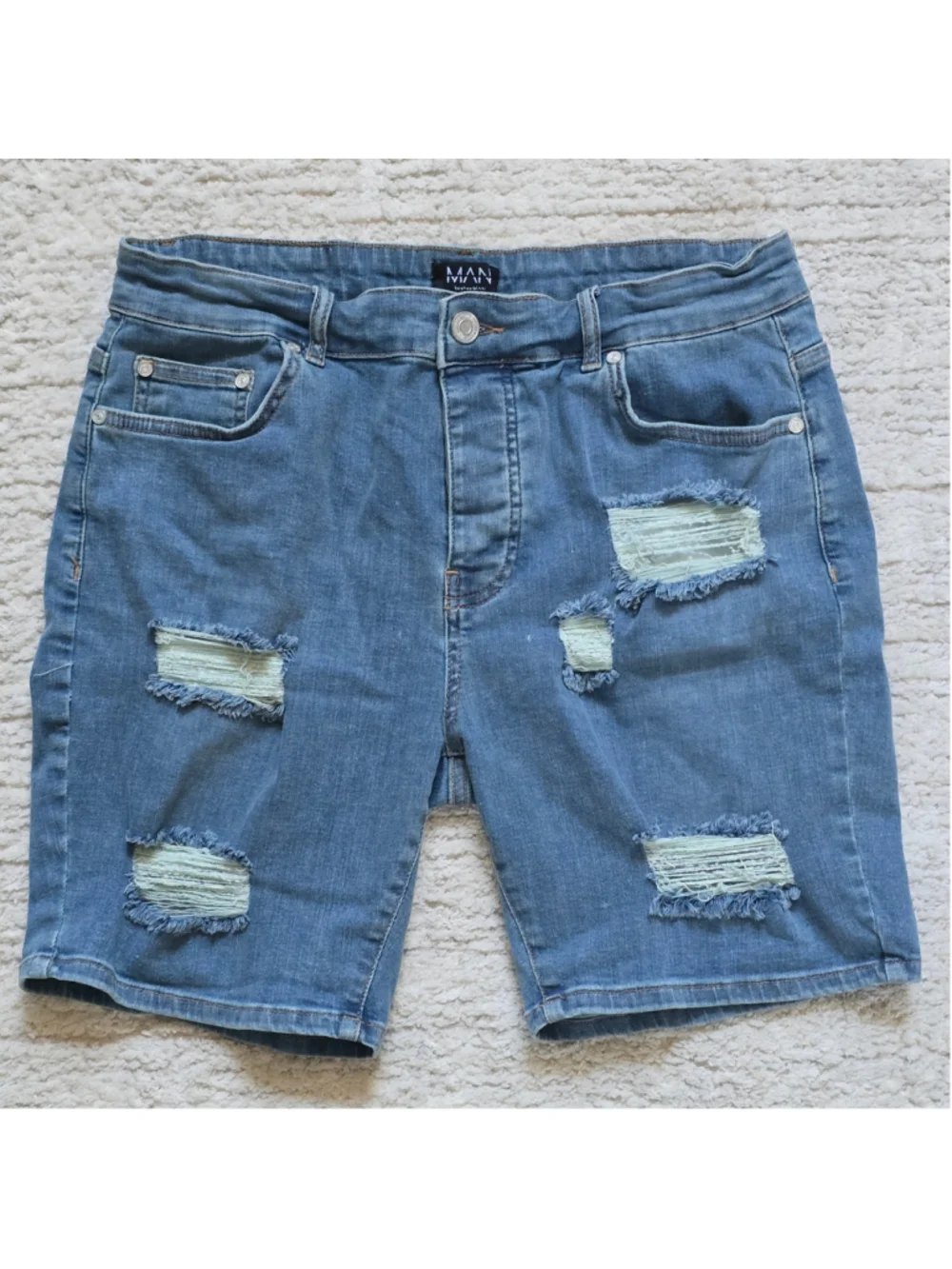 Men's boohooMAN Distressed Jean Shorts Blue Waist 34